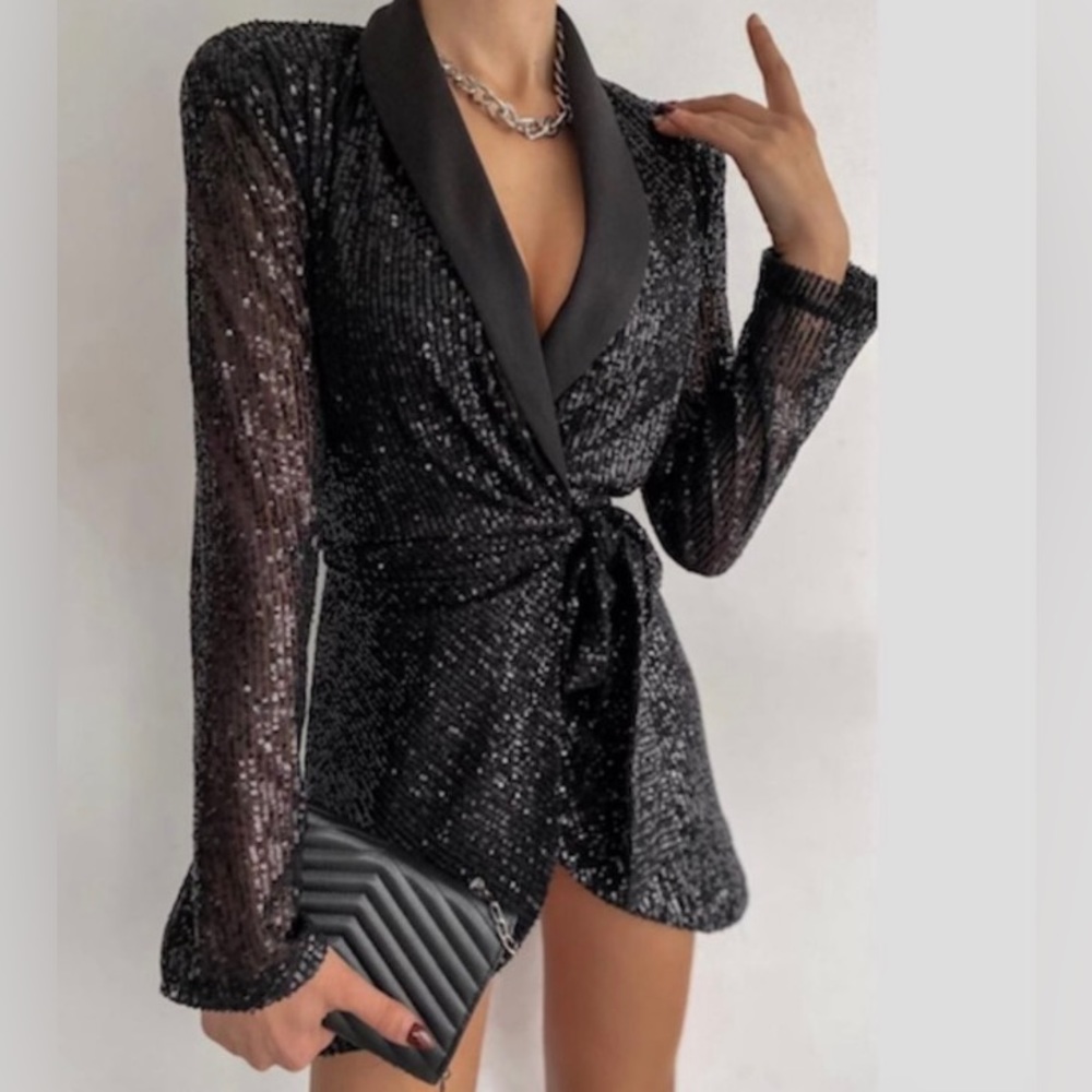 Zara Black Sequin Blazer Dress. NWT. Size Medium